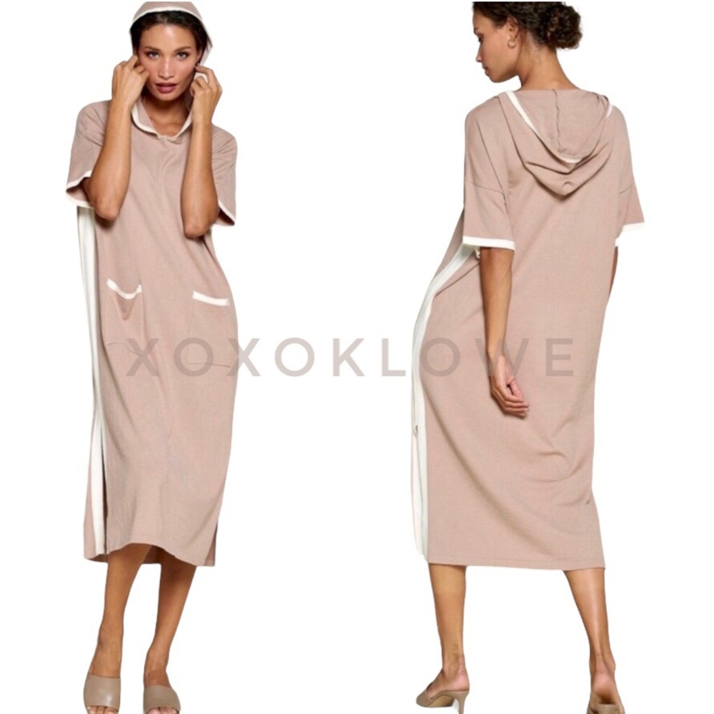 SALE Taupe Soft Knit Sporty Hooded Sweater Dress - Picture 4 of 7